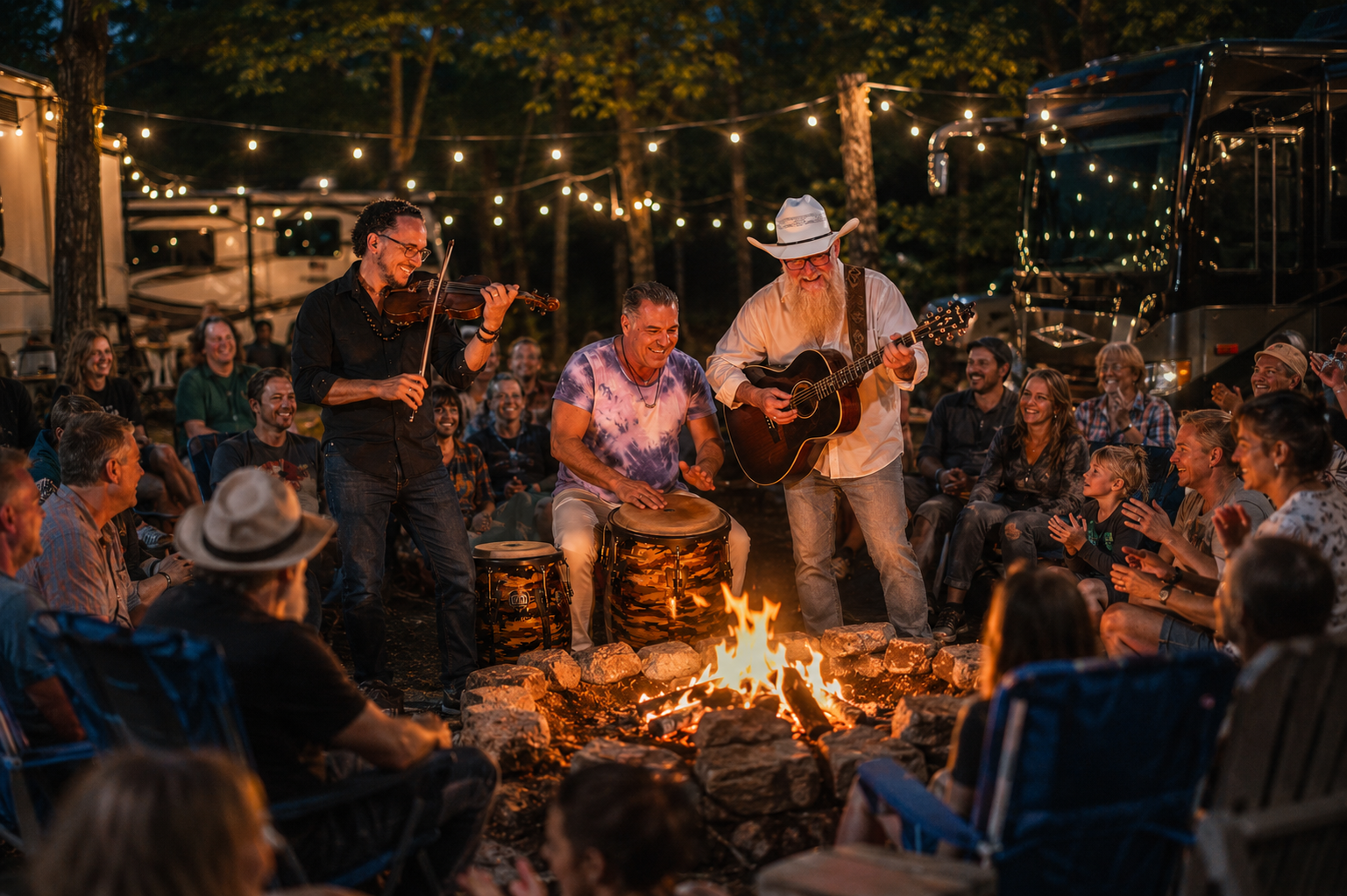 Live acoustic music show outdoors at campsite