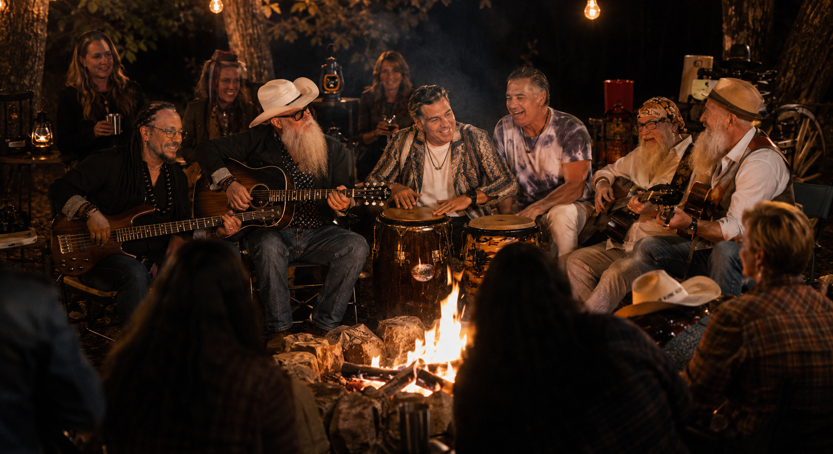 Campfire and musical gathering under the trees